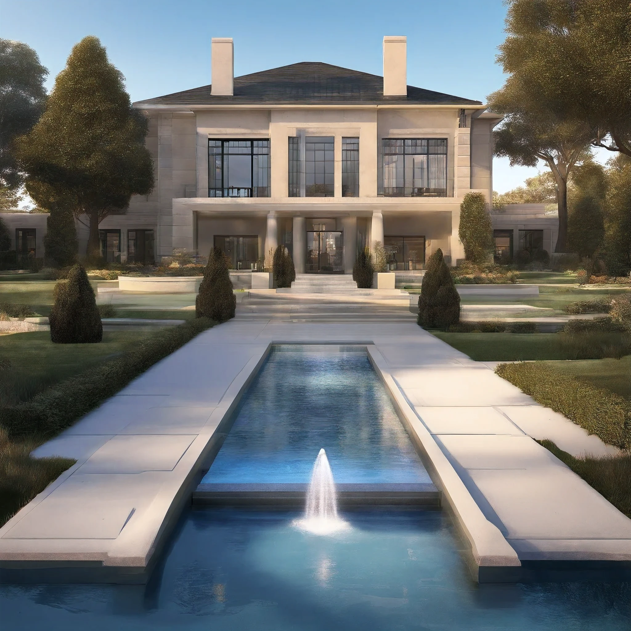 Blue prints, Masterpiece, realistic, breathtaking, High Quality, High Resolution, field stone,150000 sq.ft., Mansion, Luxury, intricate details, gold water fountain in foreground working, lightly glowing with golden sparkles, Stunning, Masterpiece, Sunshine, Ray's Sparkle, golden hue