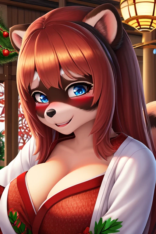 red-headed shy raccoon girl, blushing wearing a festive kimono at a Bon festival, blue eyes, breasts, smiling, big breasts, (skin texture:1.1), (high detail face:1.1), high detail body, high detail clothes,(masterpiece), (realistic), ultra high definition, 4k, ultra high resolution, ((best quality)), ((masterpiece)), (detailed), perfect face