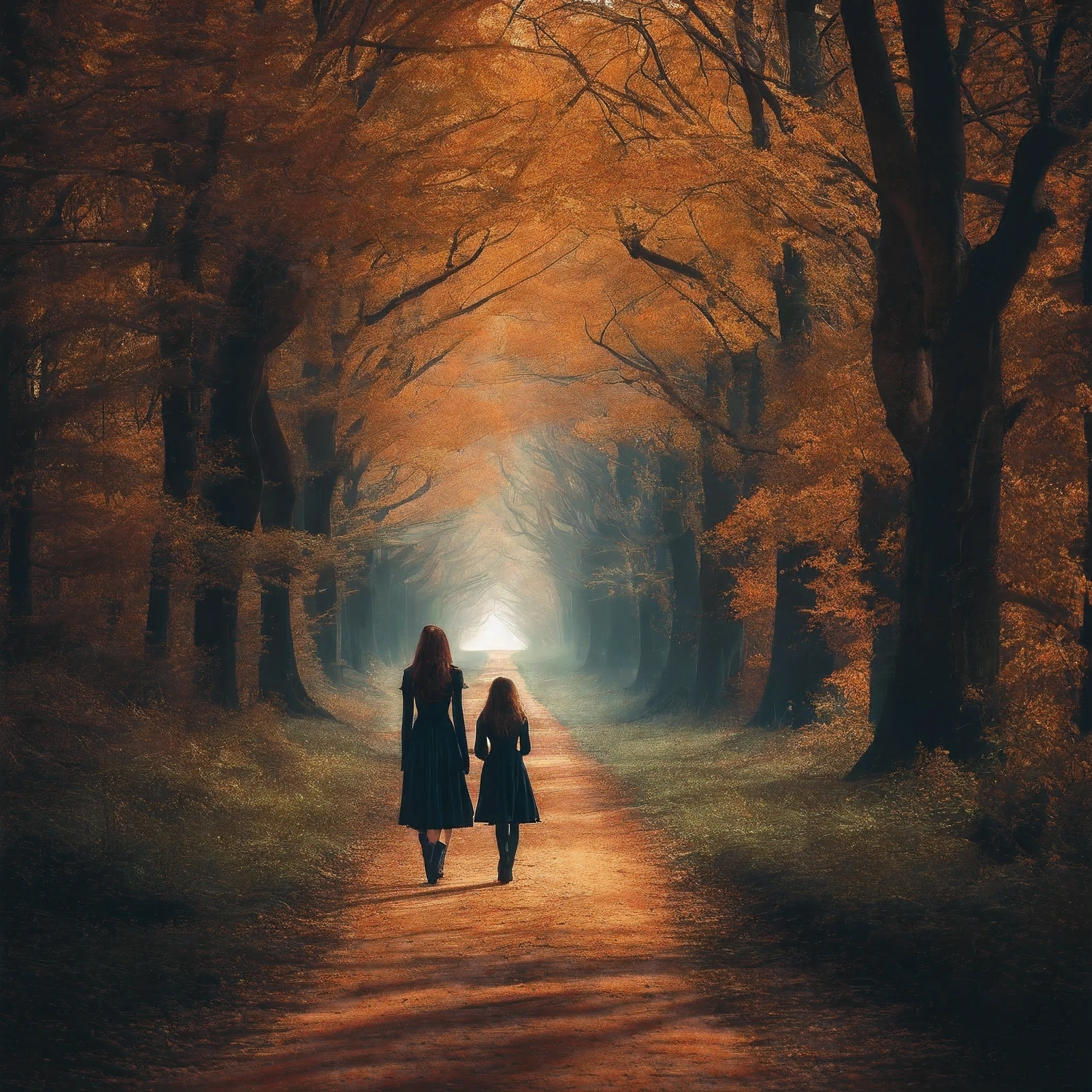 Forest scene, front view, foreground 2girls walkingdownthepath with bikes, a clean road, sunlight, flat view, warmth, bright colors, forest, trees, real photos 