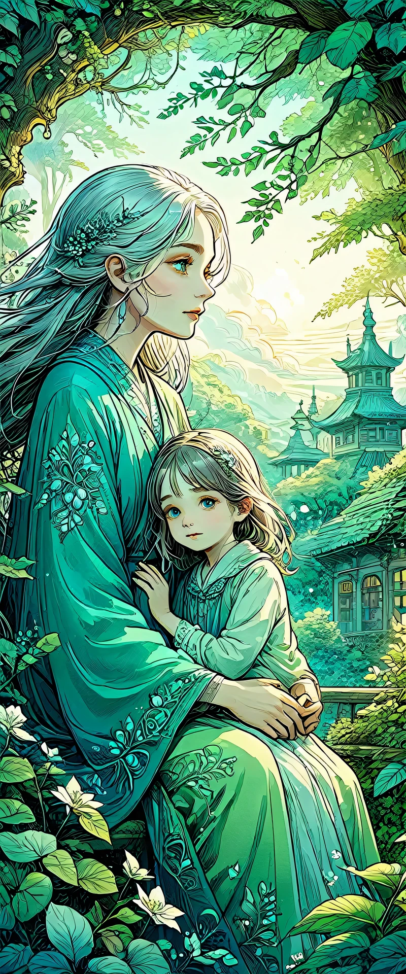 exquisite details, surreal atmosphere, ethereal beauty, vibrant colors, soft lighting, fantasy theme, mystical presence, delicate foliage, 1 beautiful old woman and her granddaughter, loose hair, intricate patterns, dreamlike quality, captivating look, flat illustration