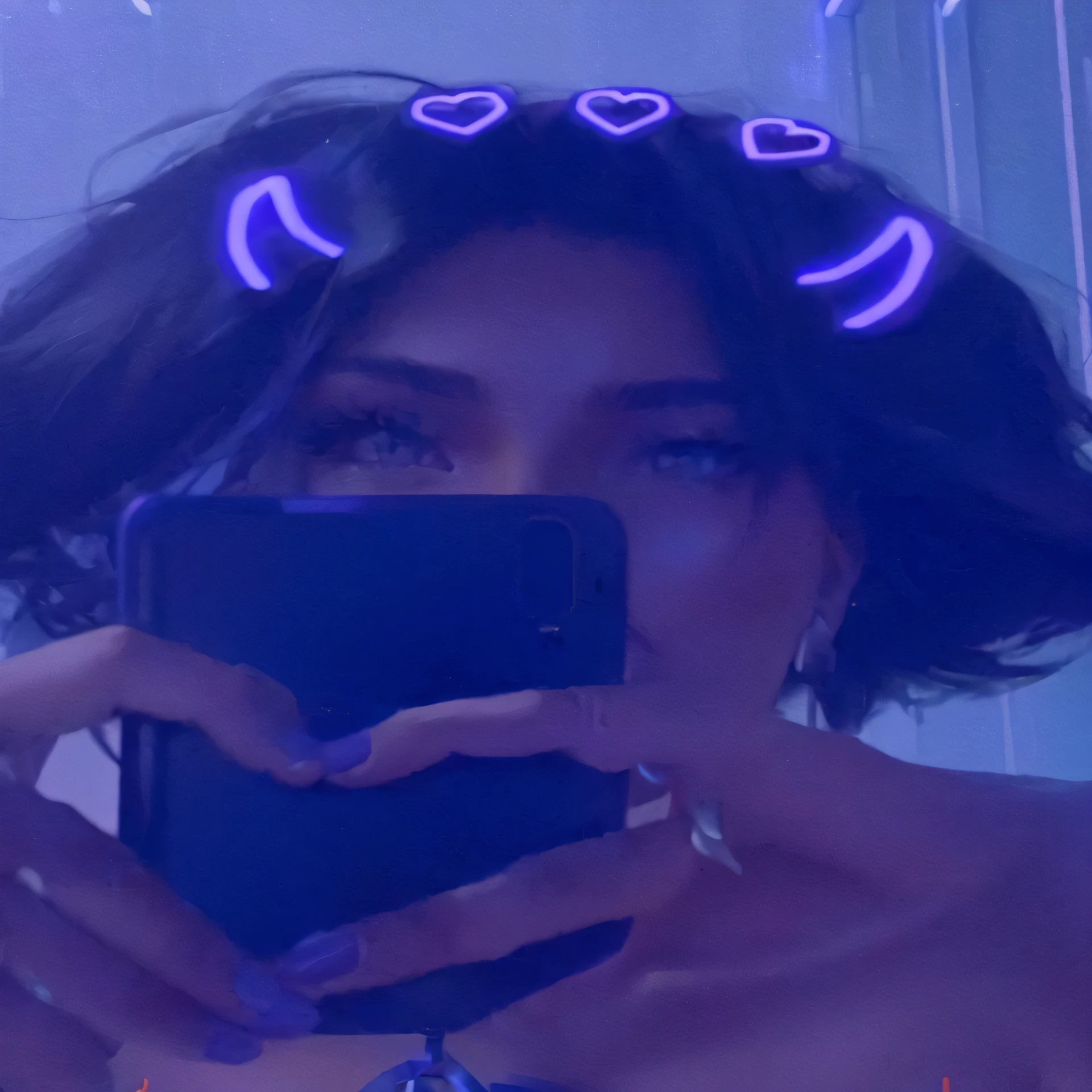 Arafed woman takes selfie on her mobile phone, very very high quality picture, high quality photo, high quality photograph, with neon lights, with glowing blue lights, blue tint, high quality vibes, anime atmosphere, full length, from 8k matte, nude body, Neon lights in the background, purple and blue neon, dark botanica