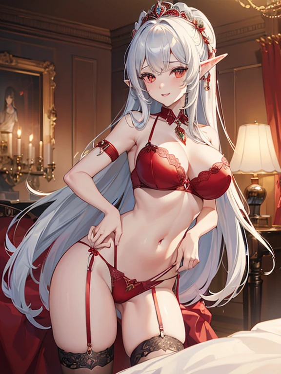 ((masterpiece, best quality, highest quality, ultra-detailed, 32K cg wallpaper, high resolution)), 1 elf woman,silver hair,red eye,very long straight hair,swept bangs,gigantic breasts,blush,smile,parted lips,red lingerie,red garter belt,necklace,standing,from left in front,bed side,