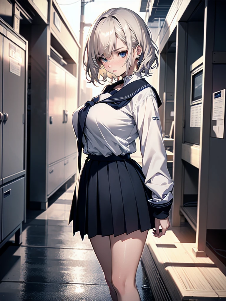 absurdres, RAW photo, extremely delicate and beautiful, masterpiece, Best Quality, ultra high resolution, 32k, hyperrealistic, ultra-detailed, detailed description, pale skin, 20 years old, tearful mole, earring, Colossal tits, short medium hair, wavy hair, full body shot, sailor uniform, school_uniform,