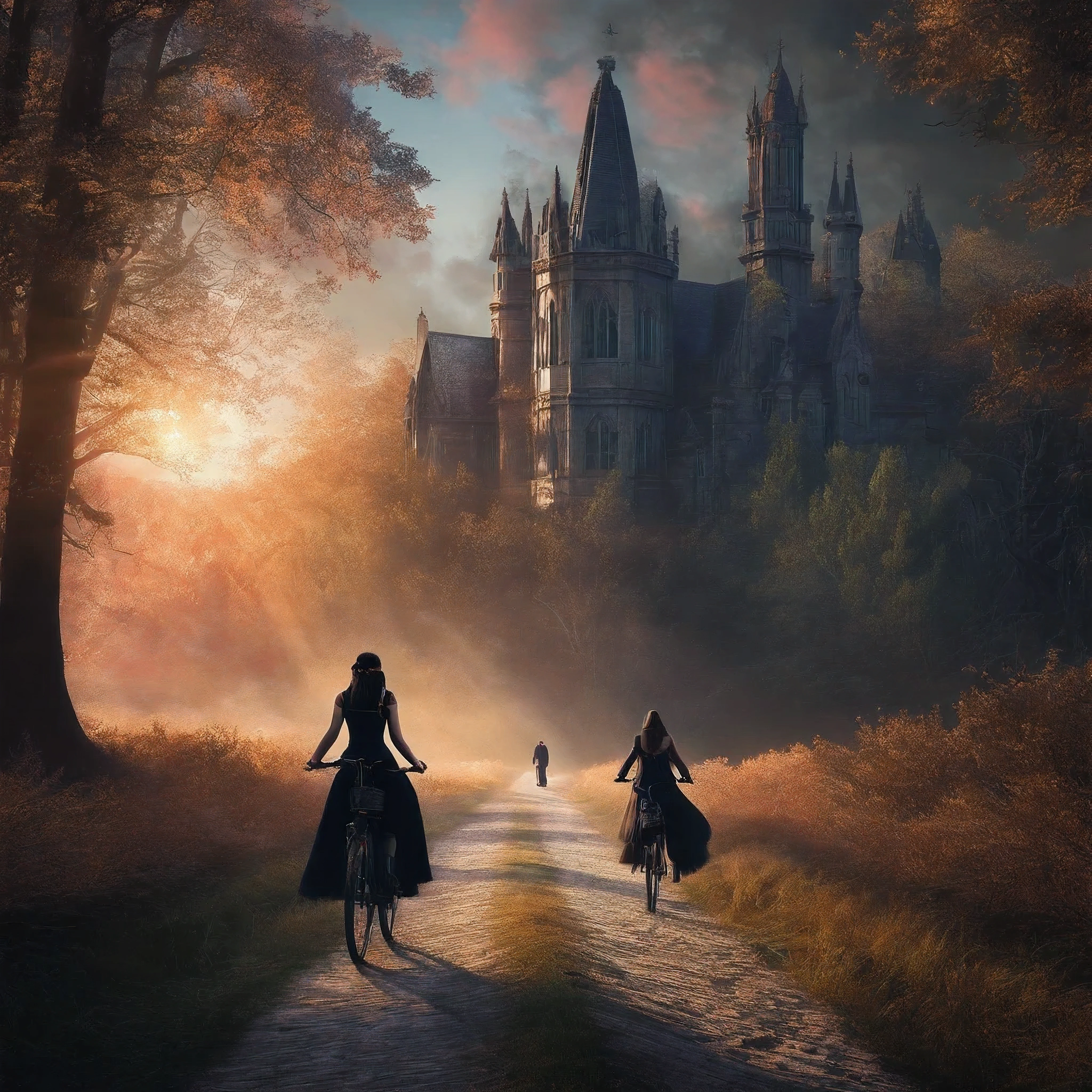 Forest scene, front view, foreground 2girls walkingdownthepath with bikes, a clean road, sunlight, flat view, warmth, bright colors, forest, trees, real photos 