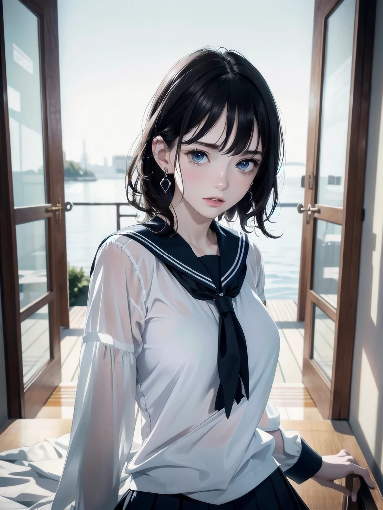 absurdres, RAW photo, extremely delicate and beautiful, masterpiece, Best Quality, ultra high resolution, 32k, hyperrealistic, ultra-detailed, detailed description, pale skin, 20 years old, tearful mole, earring, Colossal tits, short medium hair, wavy hair, full body shot, sailor uniform, school_uniform,