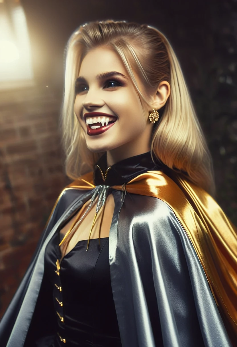 Vampyfangs1,(RAW photo) , 1girl, cute, 20 years old, long blonde hair in ponytail, smiling, look at viewer, ((((silver and gold lined satin cape tied at the neck)))+++, side spilt skirt , photo, realistic, best quality, hires, detailed face, detailed background, diffused lighting, depth of field, bokeh