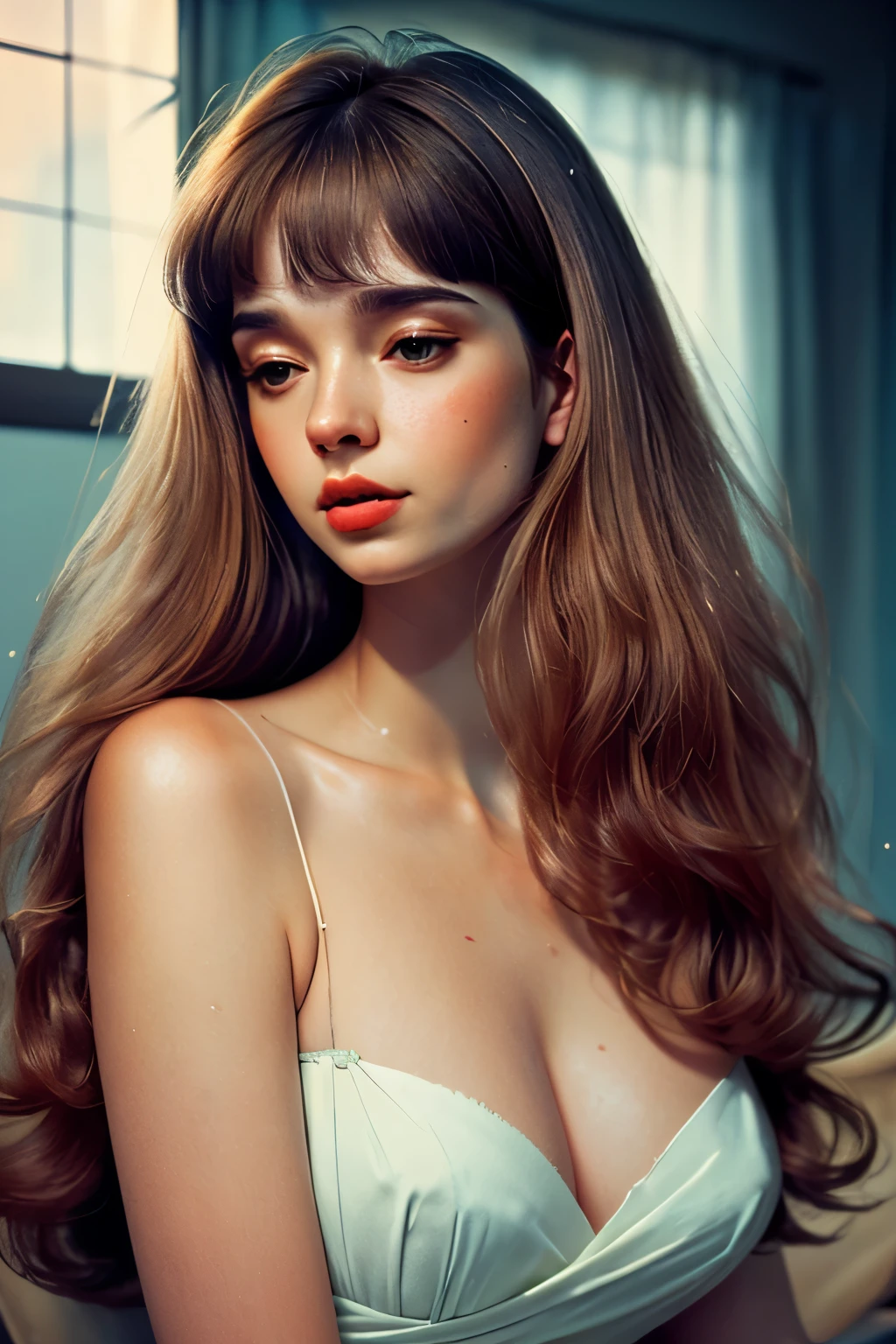((line art)), ((heavy gaussian blur)), ((soft lighting)), (((extremely hazy:1.2))), ((film grain)), (extremely bright), vintage film, (dreamy atmosphere), (((bright vivid colors))), (perfect Beautiful, french, Canadian, 30 yr old Woman, long messy hair with bangs, freckle covering body, fantasy long dark brown hair, slender body, thin frame, pale skin,ferrenia p30 film, messy hair, (high detailed skin:1.3), (skin pores:0.8), petting a raccoon in an apartment 