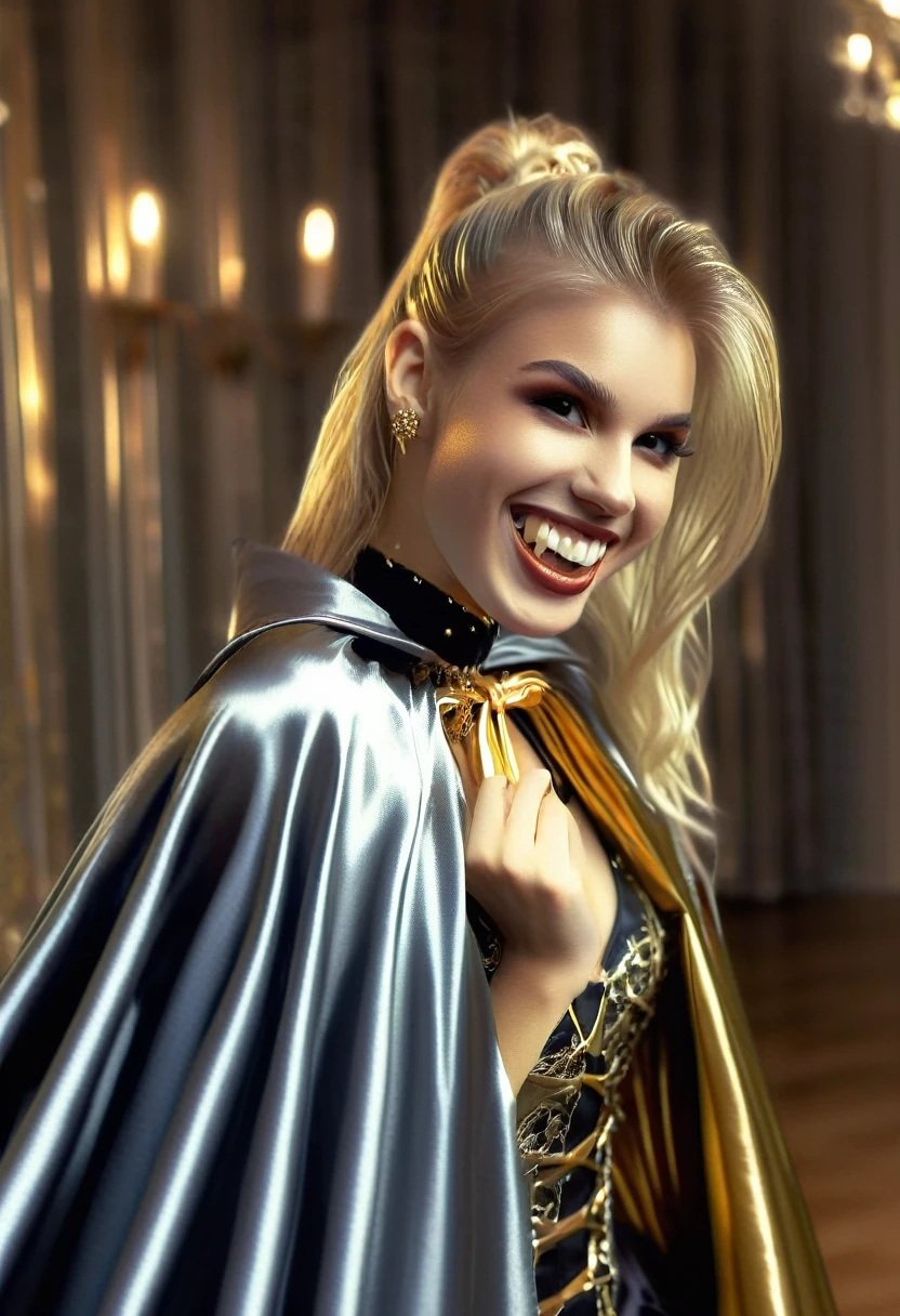 Vampyfangs1,(RAW photo) , 1girl, cute, 20 years old, long blonde hair in ponytail, smiling, look at viewer, ((((silver and gold lined satin cape tied at the neck)))+++, side spilt skirt , photo, realistic, best quality, hires, detailed face, detailed background, diffused lighting, depth of field, bokeh