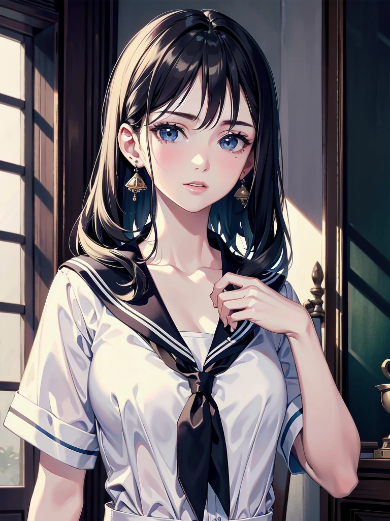 absurdres, RAW photo, extremely delicate and beautiful, masterpiece, Best Quality, ultra high resolution, 32k, hyperrealistic, ultra-detailed, detailed description, pale skin, 20 years old, delicate facial features, detailed beautiful face and eyes, tearful mole, earring, Colossal tits, short medium hair, wavy hair, full body shot, sailor uniform, school_uniform,