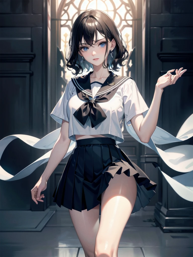 absurdres, RAW photo, extremely delicate and beautiful, masterpiece, Best Quality, ultra high resolution, 32k, hyperrealistic, ultra-detailed, detailed description, pale skin, 20 years old, delicate facial features, detailed beautiful face and eyes, tearful mole, earring, Colossal tits, short medium hair, wavy hair, full body shot, sailor uniform, school_uniform,