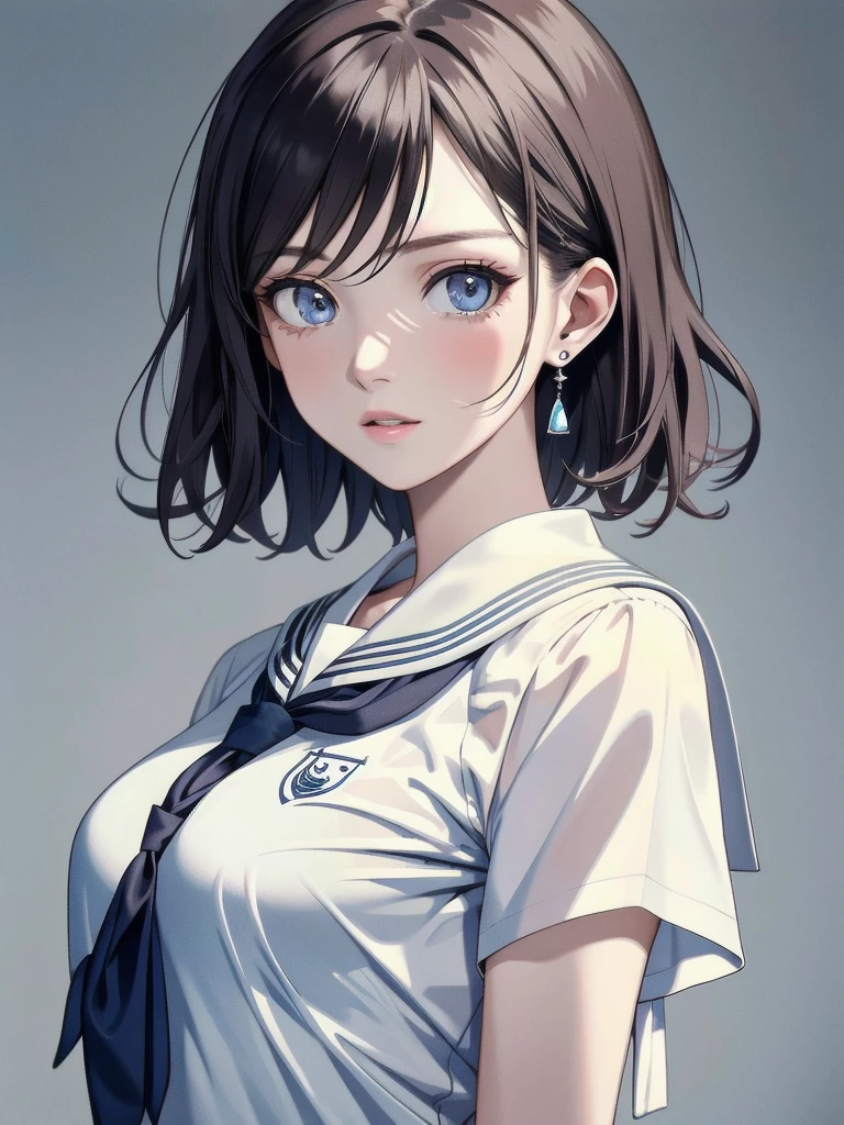 absurdres, RAW photo, extremely delicate and beautiful, masterpiece, Best Quality, ultra high resolution, 32k, hyperrealistic, ultra-detailed, detailed description, pale skin, 20 years old, delicate facial features, detailed beautiful face and eyes, tearful mole, earring, Colossal tits, short medium hair, wavy hair, full body shot, sailor uniform, school_uniform,