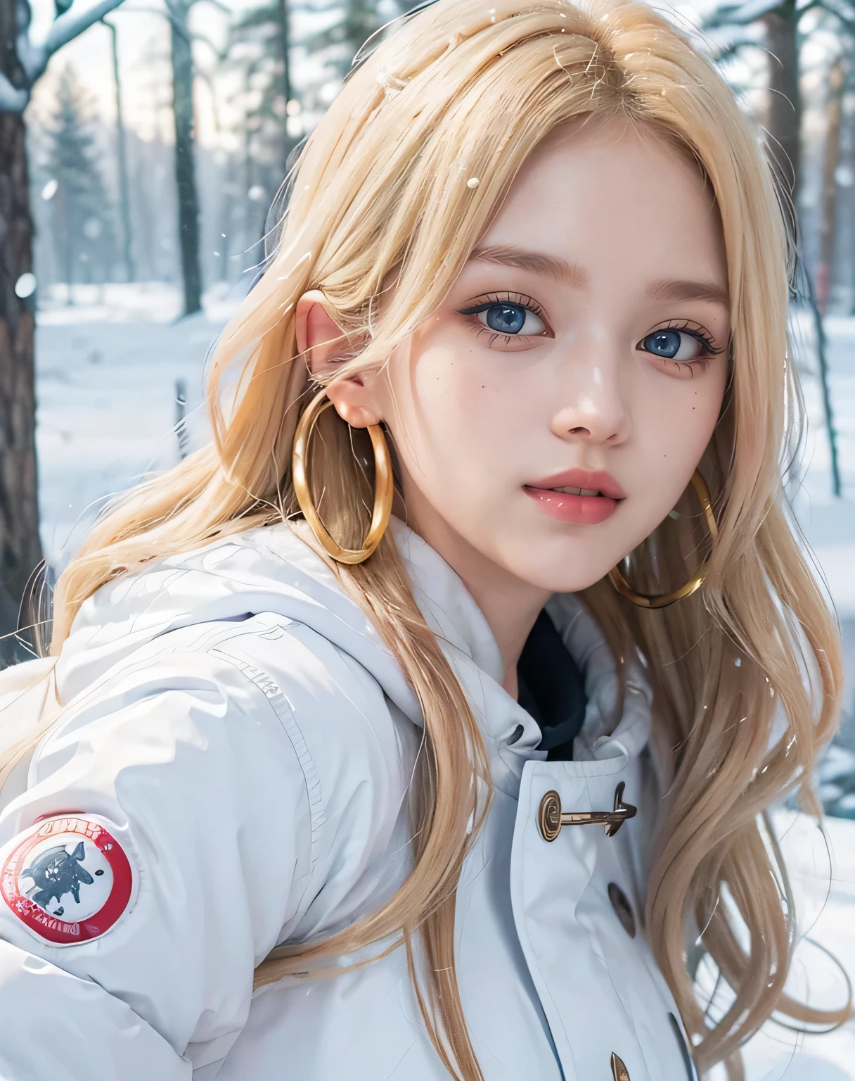 1girl, (Blue Eyes), (smiling), (Sana Minatozaki), (close-up at faces :1.3), (beautiful makeup :1.2), wide hips, Big tits, big ass, (Best Quality, 8k, Masterpiece: 1.3), Clear Focus: 1.2, Perfect Body Beauty: 1.4, Highly detailed face and skin texture, detailed eyes, double eyelids, (glossy lips :1.2), (blonde long wavy hair :1.2), (white warm winter jacket :1.3), (gold hoops), warm clothing, (white leggings), looking the camera, in a snowy field, snowing, pine trees in the background