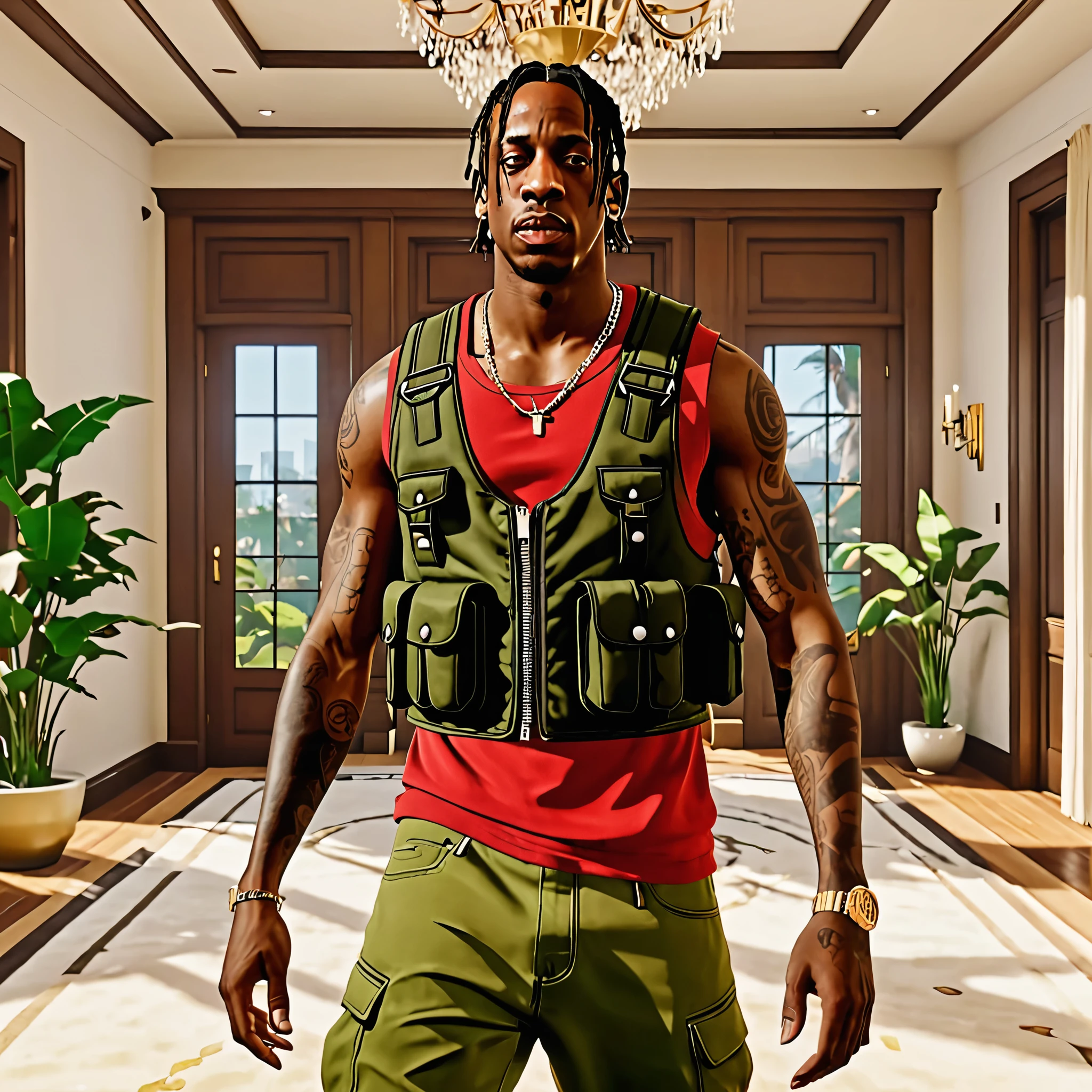 Travis Scott with a red military bulletproof vest without a shirt , is in a luxurious mansion ,style grand theft auto, portair hd