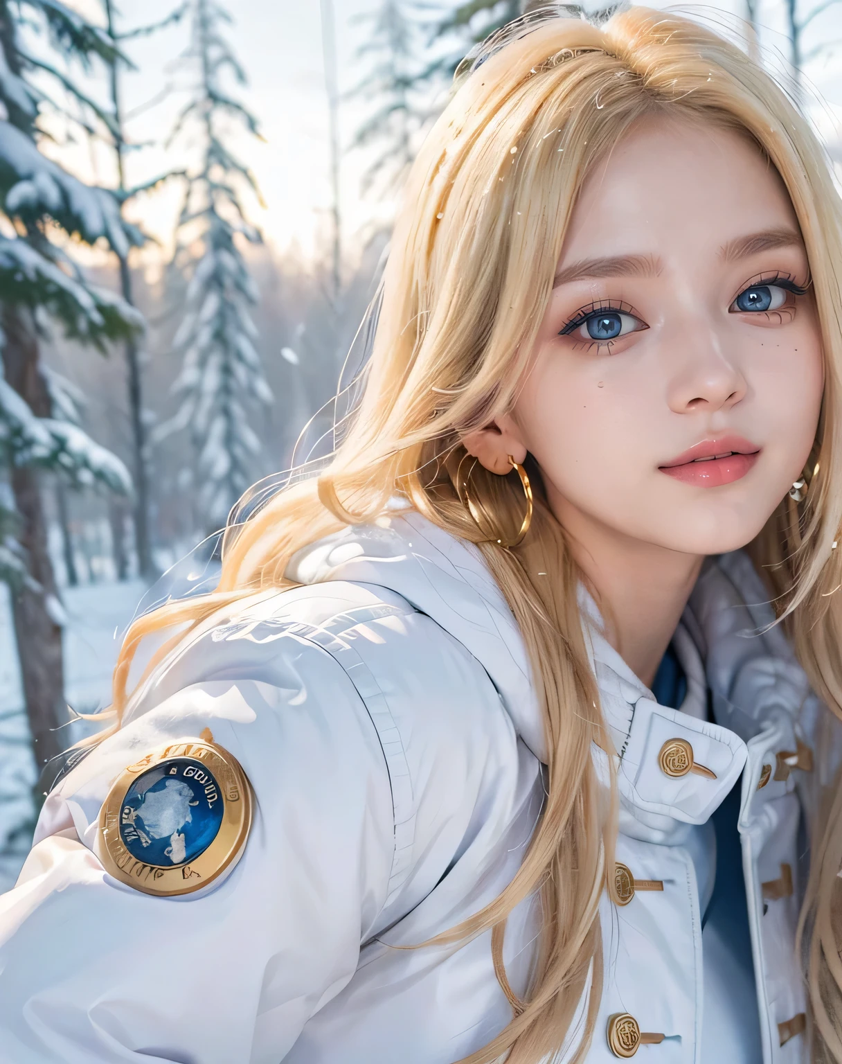1girl, (Blue Eyes), (smiling), (Sana Minatozaki), (close-up at faces :1.3), (beautiful makeup :1.2), wide hips, Big tits, big ass, (Best Quality, 8k, Masterpiece: 1.3), Clear Focus: 1.2, Perfect Body Beauty: 1.4, Highly detailed face and skin texture, detailed eyes, double eyelids, (glossy lips :1.2), (blonde long wavy hair :1.2), (white warm winter jacket :1.3), (gold hoops), warm clothing, (white leggings), looking the camera, in a snowy field, snowing, pine trees in the background