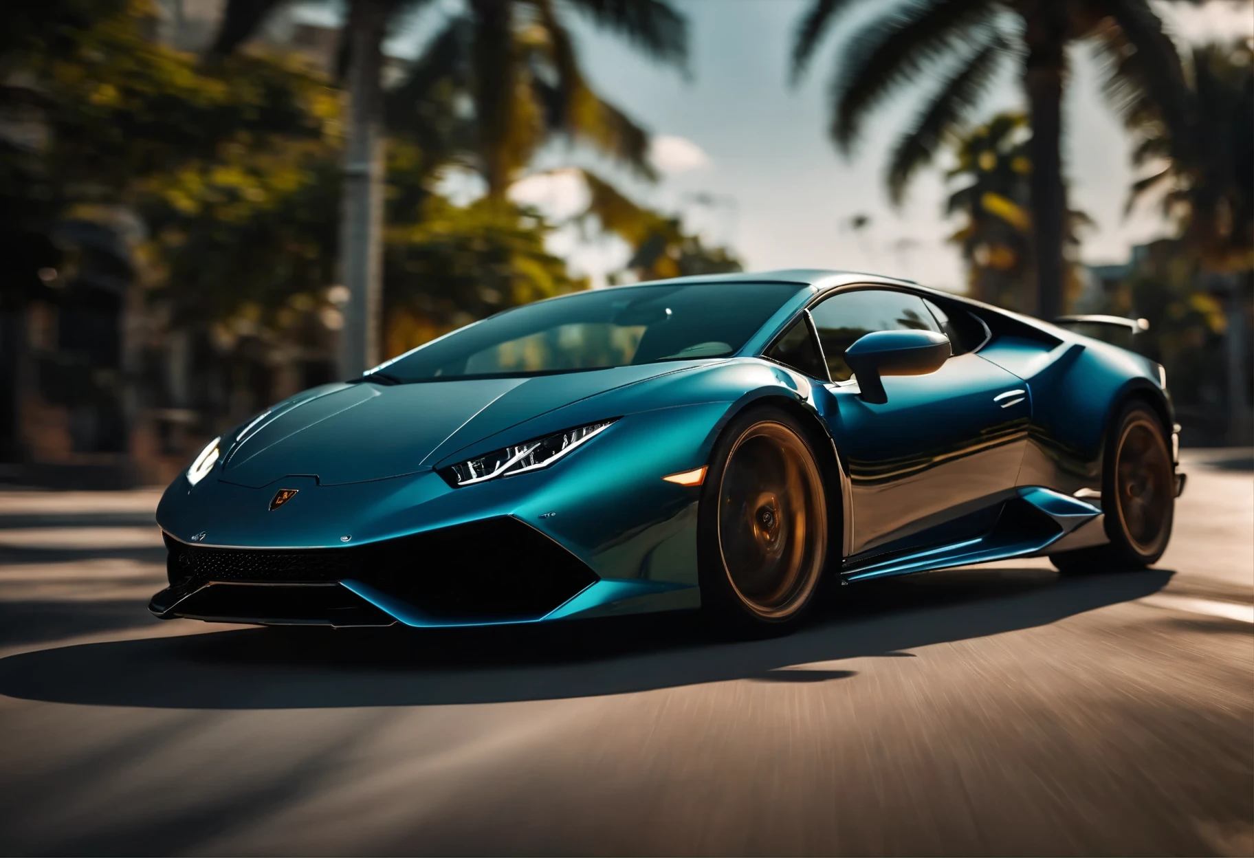 lamborghini huracan performante driving in miami street, [carhelper:photohelper], Retrofutur, motion blur, CinemaHelper, Chrome reflections, sun flare, Extremely detailed, Intricate details