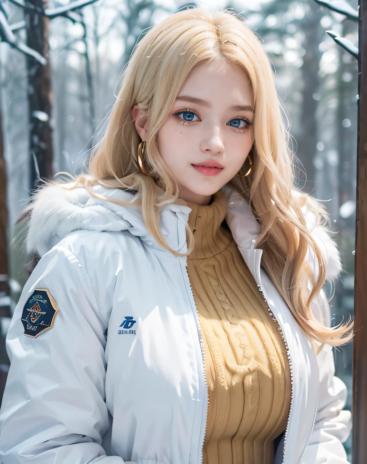 1girl, (Blue Eyes), (smiling), (Sana Minatozaki), (close-up at faces :1.3), (beautiful makeup :1.2), wide hips, Big tits, big ass, (Best Quality, 8k, Masterpiece: 1.3), Clear Focus: 1.2, Perfect Body Beauty: 1.4, Highly detailed face and skin texture, detailed eyes, double eyelids, (glossy lips :1.2), (blonde long wavy hair :1.2), (white warm winter jacket :1.3), (gold hoops), warm clothing, (white leggings), looking the camera, in a snowy field, snowing, pine trees in the background