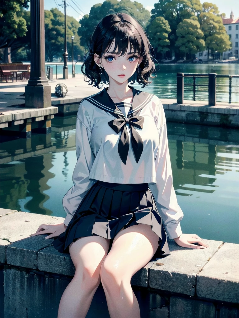 absurdres, RAW photo, extremely delicate and beautiful, masterpiece, Best Quality, ultra high resolution, 32k, hyperrealistic, ultra-detailed, detailed description, pale skin, 20 years old, tearful mole, earring, Colossal , short medium hair, wavy hair, full body shot, sailor uniform, school_uniform,