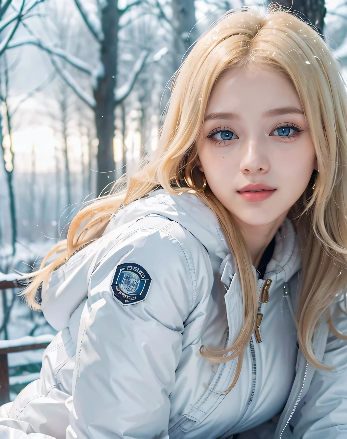 1girl, (Blue Eyes), (smiling), (Sana Minatozaki), (close-up at faces :1.3), (beautiful makeup :1.2), wide hips, Big tits, big ass, (Best Quality, 8k, Masterpiece: 1.3), Clear Focus: 1.2, Perfect Body Beauty: 1.4, Highly detailed face and skin texture, detailed eyes, double eyelids, (glossy lips :1.2), (blonde long wavy hair :1.2), (white warm winter jacket :1.3), (gold hoops), warm clothing, (white leggings), looking the camera, in a snowy field, snowing, pine trees in the background