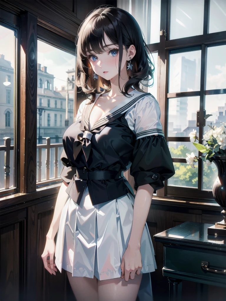 absurdres, RAW photo, extremely delicate and beautiful, masterpiece, Best Quality, ultra high resolution, 32k, hyperrealistic, ultra-detailed, detailed description, pale skin, 20 years old, tearful mole, earring, Colossal tits, short medium hair, wavy hair, full body shot, sailor uniform, school_uniform,