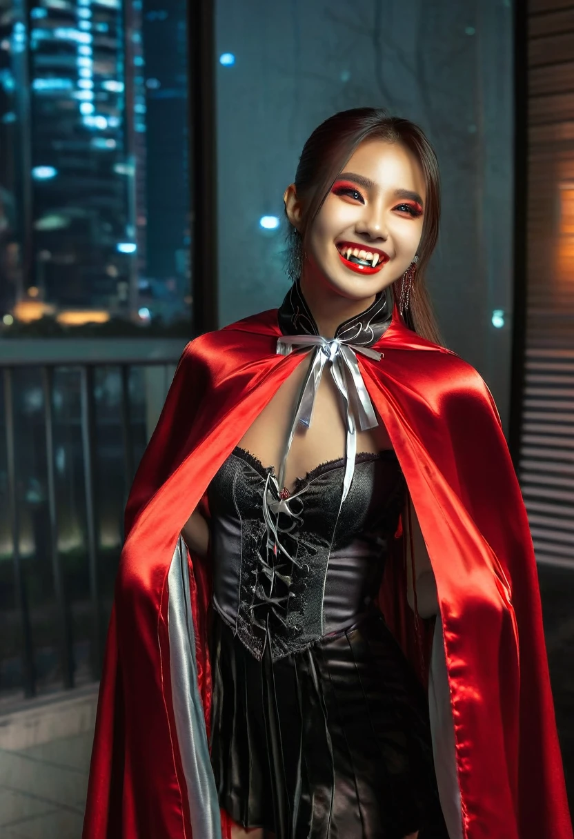 Vampyfangs1,(RAW photo) , 1girl, Chinese , cute, 20 years old, long hair in ponytail, smiling, look at viewer, ((((silver and red lined satin cape tied at the neck)))+++, side spilt skirt , photo, realistic, best quality, hires, detailed face, detailed background, diffused lighting, depth of field, bokeh