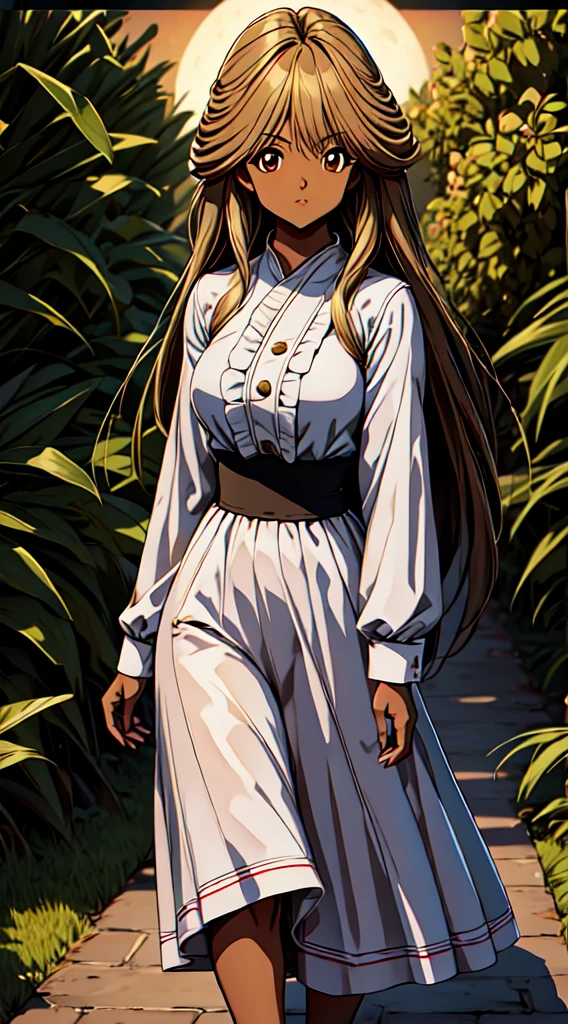 masterpiece, highest quality, ((Shiobara)), 4K,8k,style,masterpiece, Creating Black Women, at night long charge, ((Very detailed)), Outdoor, night, nature, (performer, full moon), Shadow, Contrast, sunny, (style, (Film Grain: 1.3), (Warm shades, Warm Tones): 1.2), Cinematic Light, Side lighting, Ultra-high resolution, (The best shade), born, walk, poetry,