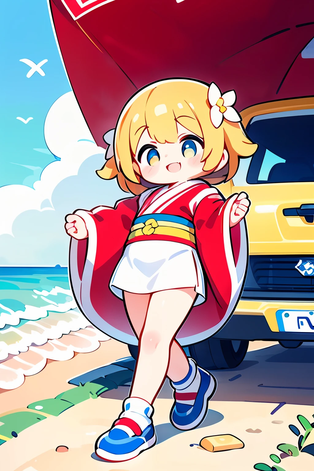 Octane Render、(Hyper-detailing: 1.15)、(Soft light、sharp: 1.2)、morning、 posing in front of colorful EV in parking lot near beach, Traditional costumes、Distinctive ethnic hair ornaments、Characteristic ethnic shoes、 Fuji Film, F/4.0, masutepiece, Anatomically correct、A smile, radiant light