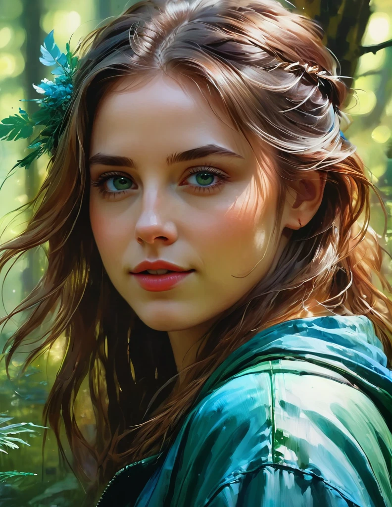 The prompt generated based on the given theme is as follows: 
"happy girl, centered, looking at the camera, approaching perfection, dynamic, (shades of blue and (forest green:1.5)), extremely detailed, digital painting, artstation, concept art, smooth, sharp focus, illustration, art: Carne Griffiths, Vadim Kasyan, detailed face, 4K, high-resolution, masterpiece:1.2, ultra-detailed, photorealistic:1.37, HDR, studio lighting, ultra-fine painting, vivid colors, bokeh."