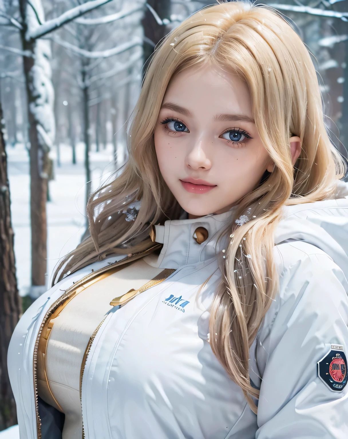 1girl, (Blue Eyes), (smiling), (Sana Minatozaki), (close-up at faces :1.3), (beautiful makeup :1.2), wide hips, Big tits, big ass, (Best Quality, 8k, Masterpiece: 1.3), Clear Focus: 1.2, Perfect Body Beauty: 1.4, Highly detailed face and skin texture, detailed eyes, double eyelids, (glossy lips :1.2), (blonde long wavy hair :1.2), (white warm winter jacket :1.3), (gold details), warm clothing, (white leggings), looking the camera, in a snowy field, snowing, pine trees in the background