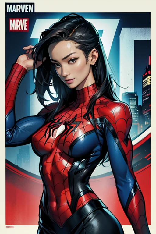 Maggie Q、Marvel Comics Movie Poster, Very beautiful, Movies about Spiderman, sexy, whole body, I'm wearing a skirt、Premiere date, Poster、belly buttonを突き出す、new york、She's wearing a torn Spider-Man suit,The suit is torn、Wearing a skirt、 Red and black color scheme,dynamic、masterpiece、highest quality、Ultra-detailed、Very detailed、A delicate and beautiful shine、超A high resolution、Cinematic,Break,Breakdrop,(Torn clothes:1.5), (Wet clothes:1.4), Bare shoulders,Real Rain,Wet Hair,belly button、Exposing Skin、Showing off her sexy shoulders