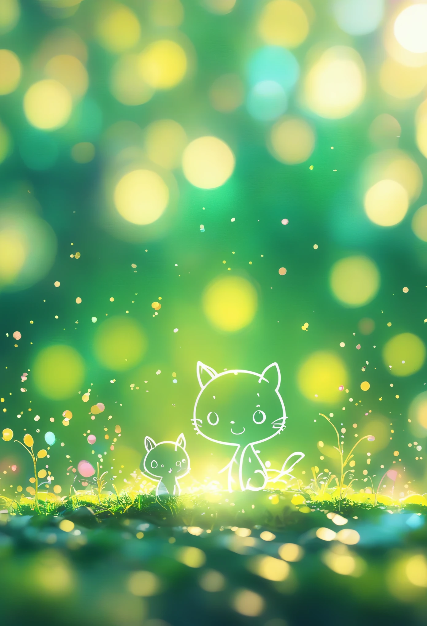 Cartoon animals close-up on green background、Blurred dream picture、Strong bokeh effect