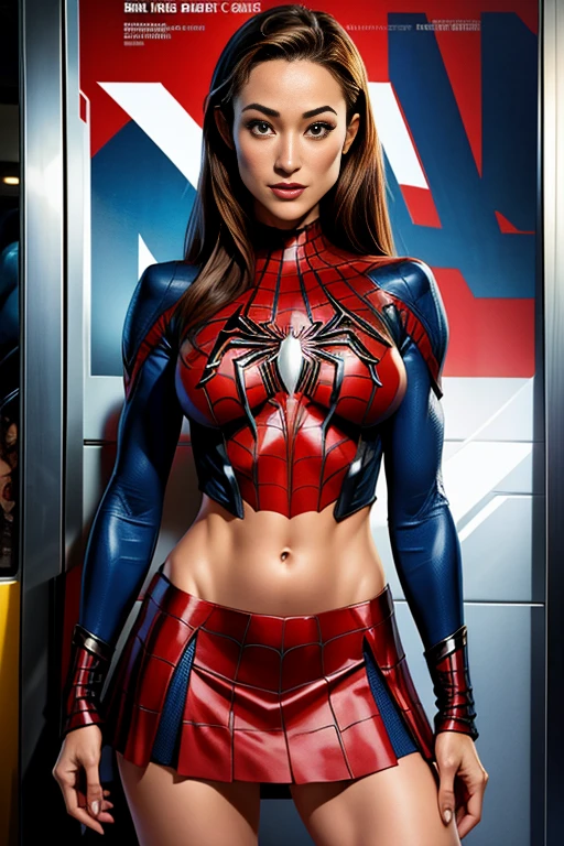 Maggie Q、Marvel Comics Movie Poster, Very beautiful, Movies about Spiderman, sexy, whole body, I'm wearing a skirt、Premiere date, Poster、belly buttonを突き出す、new york、She&#39;s wearing a torn Spider-Man suit,The suit is torn、Wearing a skirt、 Red and black color scheme,dynamic、masterpiece、highest quality、Ultra-detailed、Very detailed、A delicate and beautiful shine、超A high resolution、Cinematic,Break,Breakdrop,(Torn clothes:1.5), (Wet clothes:1.4), Bare shoulders,Real Rain,Wet Hair,belly button、Exposing Skin、Showing off her sexy shoulders