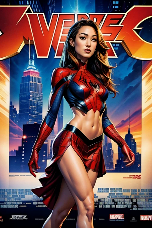 ((marvel comic cover)), young woman, from the front, low angle:1.4, 18yo, provocative position, medium breast, perfect body, narrow waist, wide hips, thigh gap, exposed vagina, nude:1.4, dynamic pose, no panties, rock and roll, glamour makeup, ultra realistic, 8k, high detail