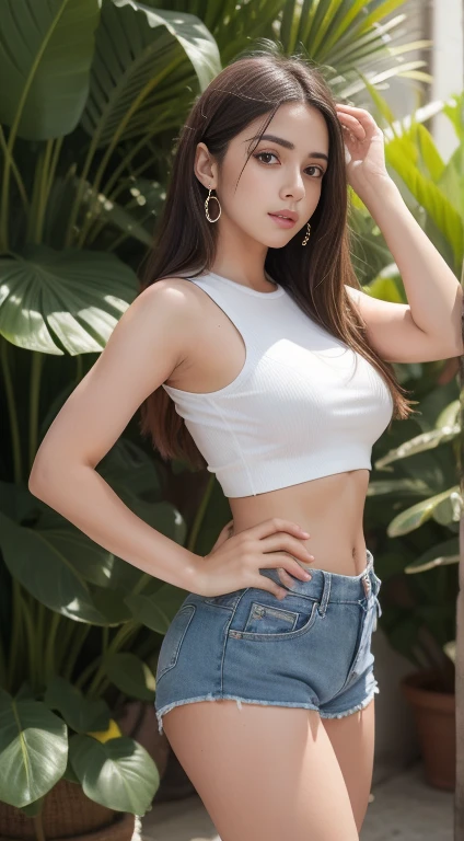 cuerpo delgado、chica alta y hermosa、Pechos redondos muy grandes, mini shorts, translucent top, cara de bebe, cintura de avispa. Rasgos latinos. Muslos separados. Sensual, muy joven,