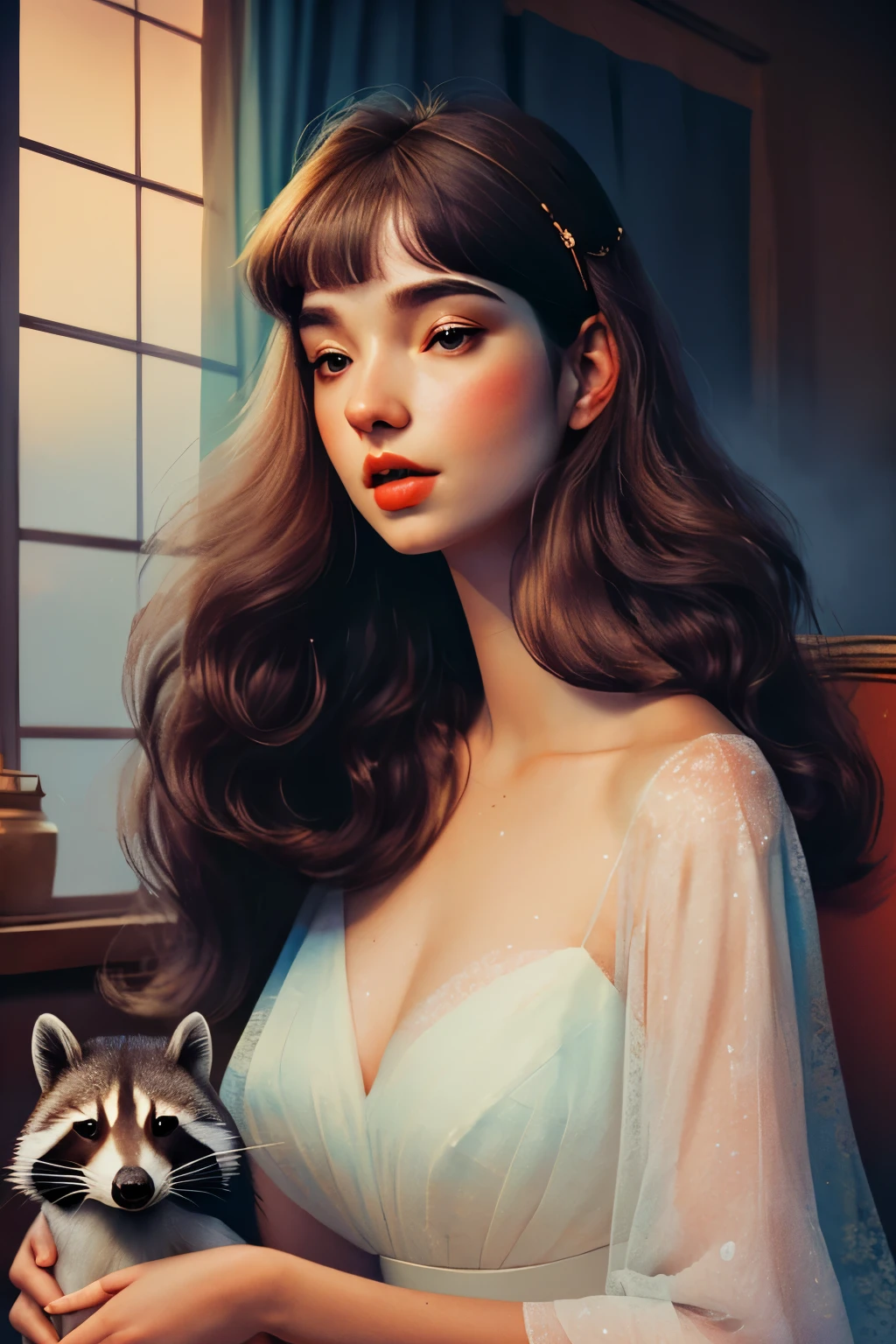 ((line art)), ((heavy gaussian blur)), ((soft lighting)), (((extremely hazy:1.2))), ((film grain)), (extremely bright), vintage film, (dreamy atmosphere), (((bright vivid colors))), (perfect Beautiful, french, Canadian, 30 yr old Woman, long messy hair with bangs, freckle covering body, fantasy long dark brown hair, slender body, thin frame, pale skin,ferrenia p30 film, messy hair, (high detailed skin:1.3), (skin pores:0.8), petting a raccoon in an apartment, beautiful princess gown