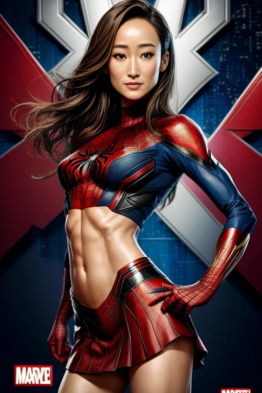 Maggie Q、Marvel Comics Movie Poster, Very beautiful, Movies about Spiderman, sexy, whole body, I'm wearing a skirt、Premiere date, Poster、belly buttonを突き出す、new york、She's wearing a torn Spider-Man suit,The suit is torn、Wearing a skirt、 Red and black color scheme,dynamic、masterpiece、highest quality、Ultra-detailed、Very detailed、A delicate and beautiful shine、超A high resolution、Cinematic,Break,Breakdrop,(Torn clothes:1.5), (Wet clothes:1.4), Bare shoulders,Real Rain,Wet Hair,belly button、Exposing Skin、Showing off her sexy shoulders