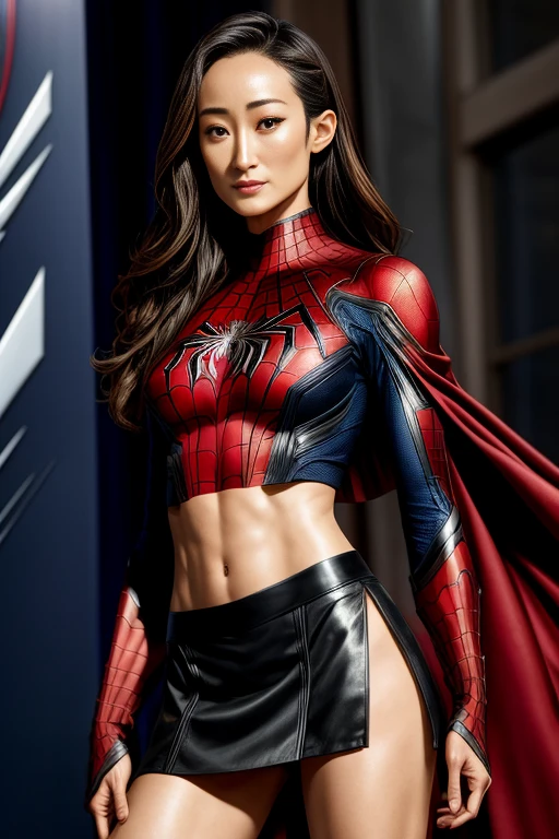 Maggie Q、Marvel Comics Movie Poster, Very beautiful, Movies about Spiderman, sexy, whole body, I'm wearing a skirt、Premiere date, Poster、belly buttonを突き出す、new york、She's wearing a torn Spider-Man suit,The suit is torn、Wearing a skirt、 Red and black color scheme,dynamic、masterpiece、highest quality、Ultra-detailed、Very detailed、A delicate and beautiful shine、超A high resolution、Cinematic,Break,Breakdrop,(Torn clothes:1.5), (Wet clothes:1.4), Bare shoulders,Real Rain,Wet Hair,belly button、Exposing Skin、Showing off her sexy shoulders