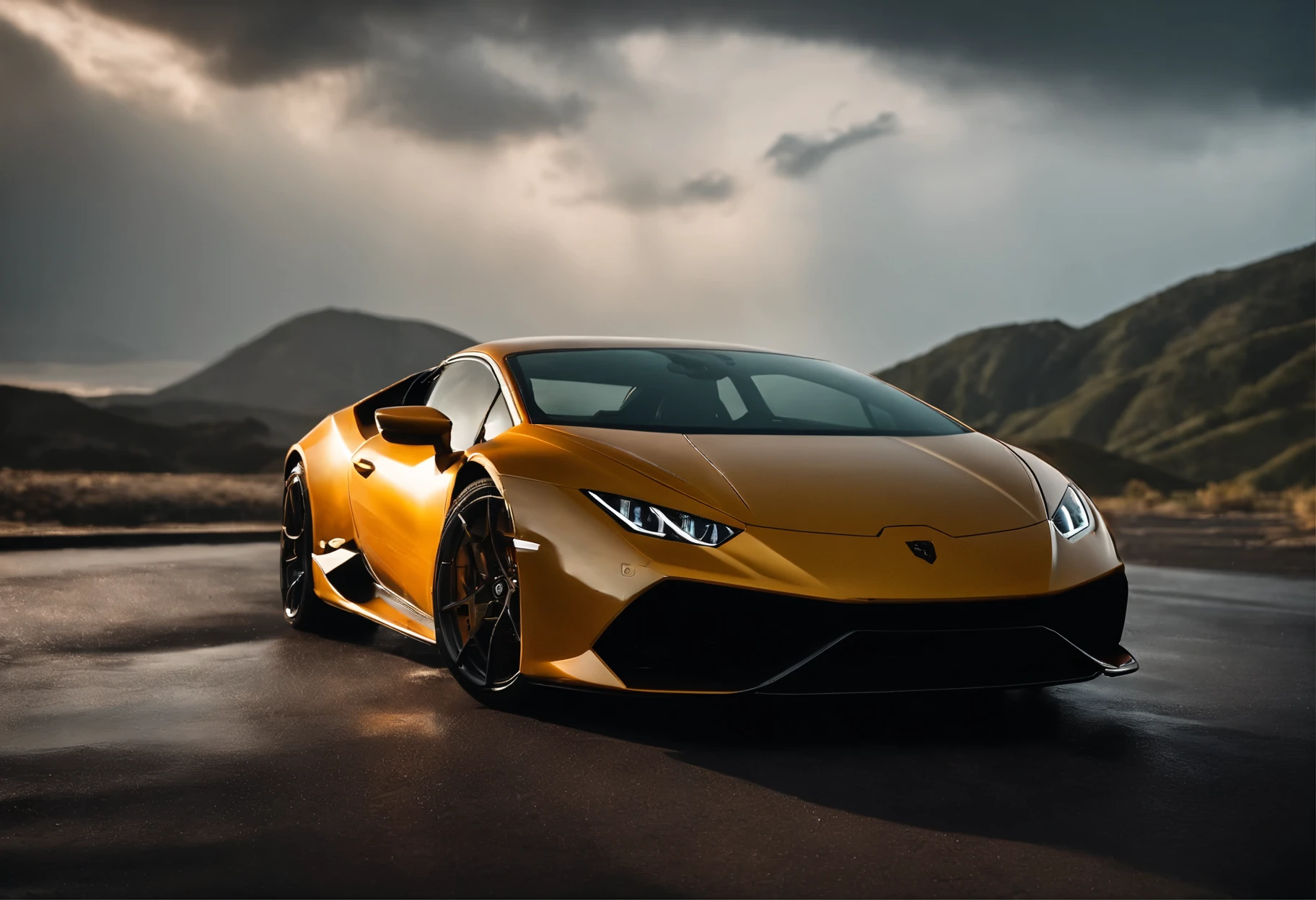 lamborghini huracan performante a volcano erupting, on an afternoon of rain and lightning, [carhelper:photohelper], Retrofutur, motion blur, CinemaHelper, Chrome reflections, sun flare, Extremely detailed, Intricate details