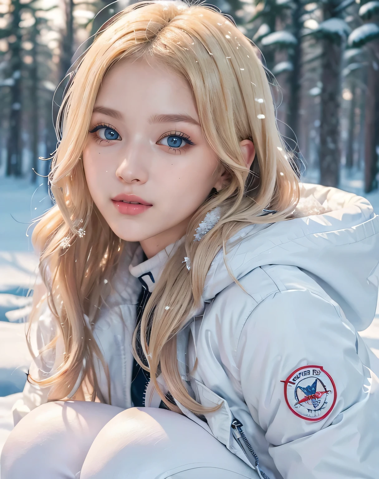 1girl, (Blue Eyes), (smiling), (Sana Minatozaki), (close-up at faces :1.3), (beautiful makeup :1.2), wide hips, Big tits, big ass, (Best Quality, 8k, Masterpiece: 1.3), Clear Focus: 1.2, Perfect Body Beauty: 1.4, Highly detailed face and skin texture, detailed eyes, double eyelids, (glossy lips :1.2), (blonde long wavy hair :1.2), (white warm winter jacket :1.3), (gold details), warm clothing, (white leggings), looking the camera, in a snowy field, snowing, pine trees in the background