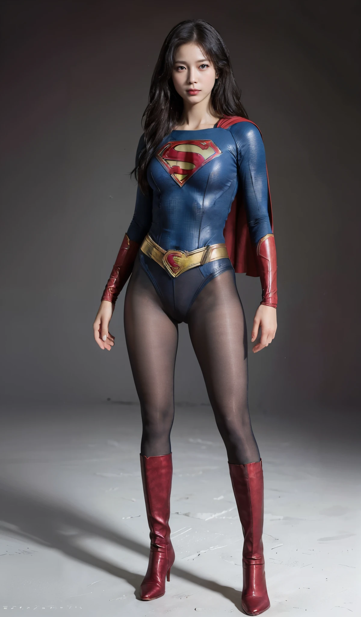 No background、(((Beautiful legs in black tights.)))、(((Legally express the beauty of your smile)))、((((Make the most of your original images)))、(((Supergirl Costume)))、(((Beautiful Hair)))、(((suffering)))、(((Please wear black tights....、Wear red boots)))、((Best image quality、8k))、((highest quality、8k、masterpiece:1.3))、(((Preserve background )))、Sharp focus:1.2、Beautiful woman with perfect figure:1.4、Slim Abs:1.2、Wet body:1.5、Highly detailed face and skin texture、8k