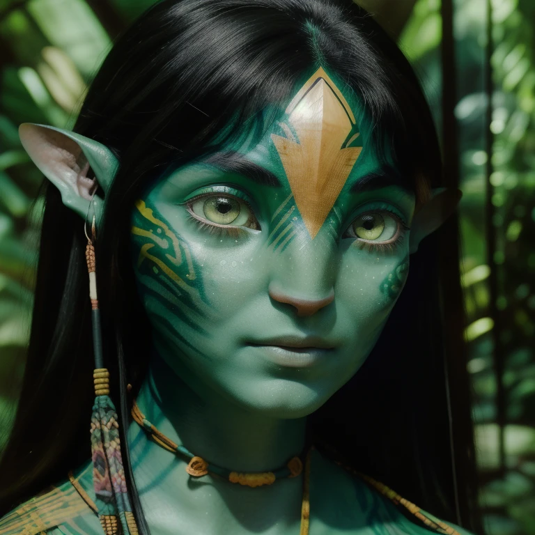 avatar style, (face portrait:1.6), naavi, 1girl, female, (silver eyes), (big eyes), ((eyebrowless)), pointy ears, (forest green skin tone:1.0), (straight hair:1.0), black hair color, ((long hair)), (young adult), 18 years old, face wrinkles, wearing colorful tribal clothing, (wearing tribal acessories), detailed eyes, toned body, muscled body, vibrant colors, glowing, ethereal atmosphere, surrealistic dreamy lighting, textured skin, otherworldly beauty, mesmerizing photography, (best quality, highres), vivid colors, ultrarealistic, skin details, striped skin, sfw, face close-up:0.5, ultradetailed body, ((green skin)), AvTsireya