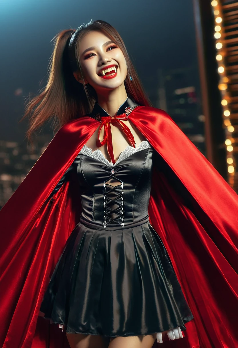 Vampyfangs1 , (RAW photo) , 1girl, Chinese cute, 20 years old, long hair in ponytail, smiling, look at viewer, ((((silver and red lined satin cape tied at the neck)))+++, side spilt skirt , photo, realistic, best quality, hires, detailed face, detailed background, diffused lighting, depth of field, bokeh