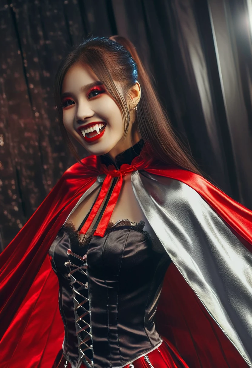 (RAW photo, best quality, masterpiece, ultra-detailed, high res), (realistic),(extremely delicate and beautiful:1), mesmerizing woman with long hair in sleek high ponytail , (((wearing glossy silver and red lined cloak fastened at the neck :1.20))), crop top and hotpants , moonlit graveyard , detailed features, smiling expression of feelings, imaginative, highly detailed, extremely high-resolution details, photographic, realism pushed to extreme, fine texture, 4k, ultra-detailed, high quality, high contrast, full body shot