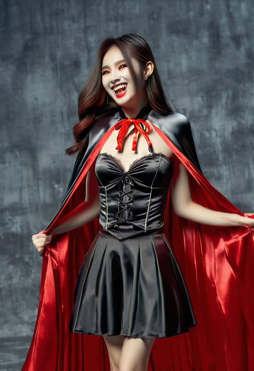 Vampyfangs1 , (RAW photo) , 1girl, Chinese cute, 20 years old, long hair in ponytail, smiling, look at viewer, ((((silver and red lined satin cape tied at the neck)))+++, side spilt skirt , photo, realistic, best quality, hires, detailed face, detailed background, diffused lighting, depth of field, bokeh