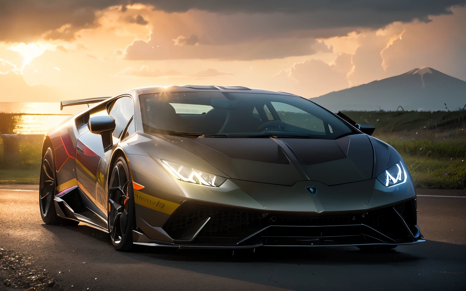 lamborghini huracan performante a volcano erupting, on an afternoon of rain and lightning, [carhelper:photohelper], Retrofutur, motion blur, CinemaHelper, Chrome reflections, sun flare, Extremely detailed, Intricate details