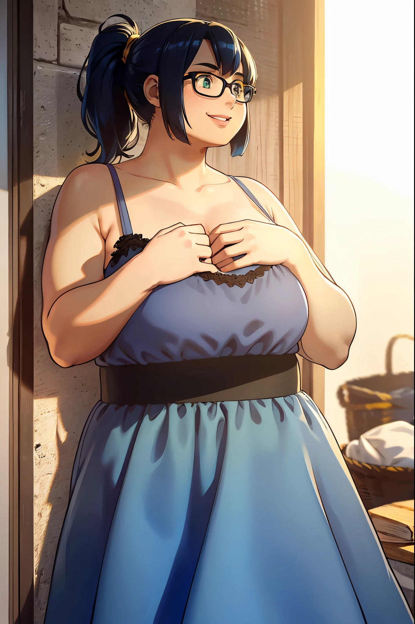 1girl, masterpiece, ((skinny girl, skinny arms)), ((sagging chest)), best quality, realistic face, black and blue hair with bangs and ponytail, large glasses, , , , green eyes, nose ring, chubby cheeks, long nose, low nose, high lips, dark eyebrows, ((trad blue and grey sundress)), specular sunlight, ((golden hour lighting)), back porch background, dancing pose, big smile, WeightObese