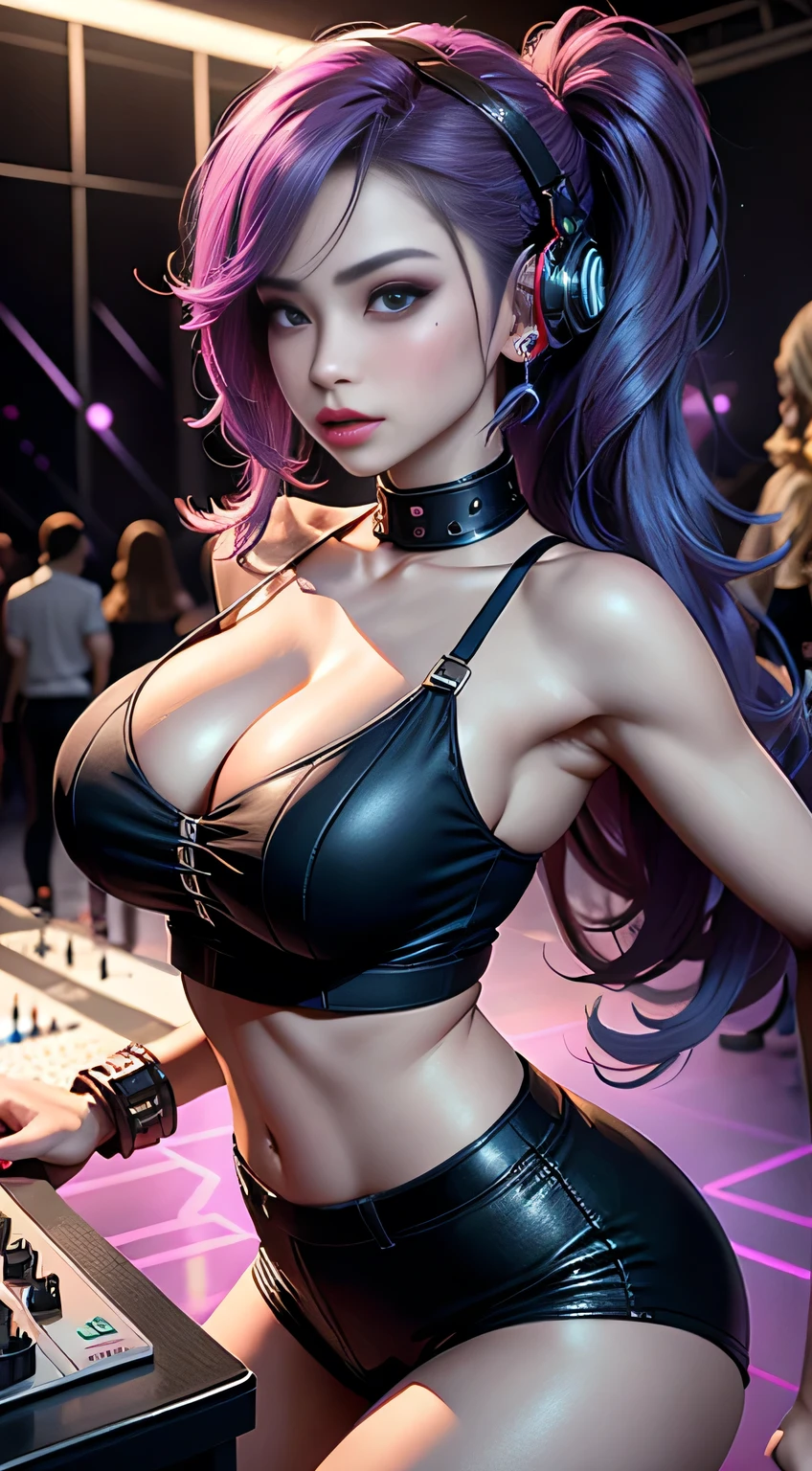 sfw, The upper part of the body, Female DJ, Colorful clothes , Perfect and beautiful facial features, Vibrant appearance, Sexy accessories, Creative behavior, Imaginative, Sensual, Spontaneous, DJ headphones, Mixing Console, Music Clubs, night club, Independent cinema, People dancing on dance floor background, Underground danceclub, Highest quality, Skin texture, Intricate details, (Cinematic lighting), RAW photo, 8K, wearing bra,((skinny waist)), young asian girl, ((big breasted)),