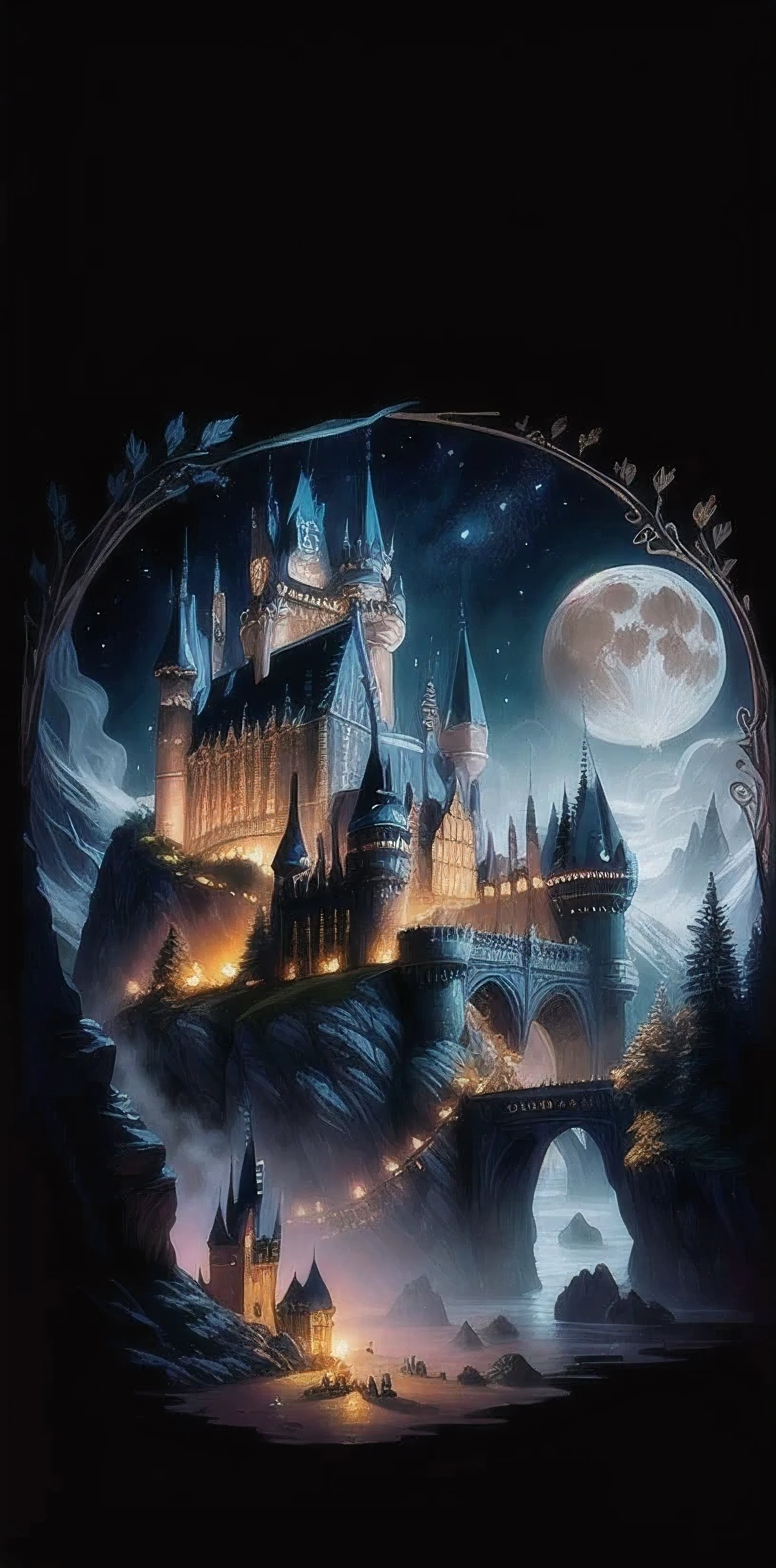 masterpiece. A castle poster with a full moon in the background, viewed from a cave, with a solid black background above and below. Detailed drawing inspired by gaston bussiere, shutterstock, fantasy art, magic castle, magic background, glowing castle. The art of Harry Potter, enhanced with detail. Very detailed magical fantasy, fantasy castle)). mystical, background hogwarts, hogwarts setting, magic castle school on the hill, fairytale painting, magical composition, night sceneInclude Tinker Bell in the sceneAdd some magical sparkles around Tinker BellHe’s known as the Boy Who Wouldn’t Grow Up and is characterized by his ability to fly and his refusal to grow up. Peter Pan spends his never-ending childhood adventuring on the mythical island of Neverland as the leader of the Lost Boys, interacting with fairies, pirates, mermaids, Native Americans, and occasionally ordinary children from the world outside Neverland1.