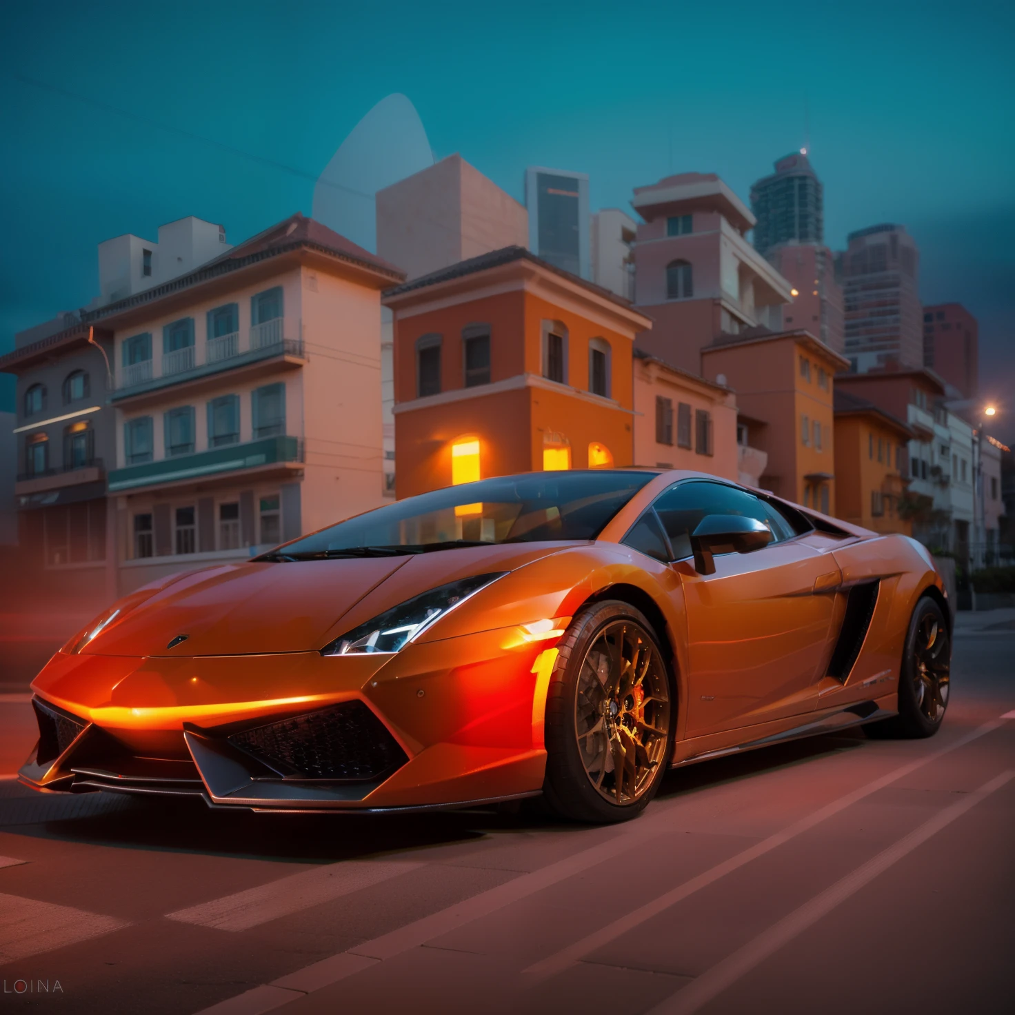 A lamborghini gallardo, color orange the streets of city miami, Exquisite detail, taken with long exposure to capture the movement of cars and people,insane detail, , 8k, photography, Sony Alpha, Canon 5D, Fujifilm xt100 