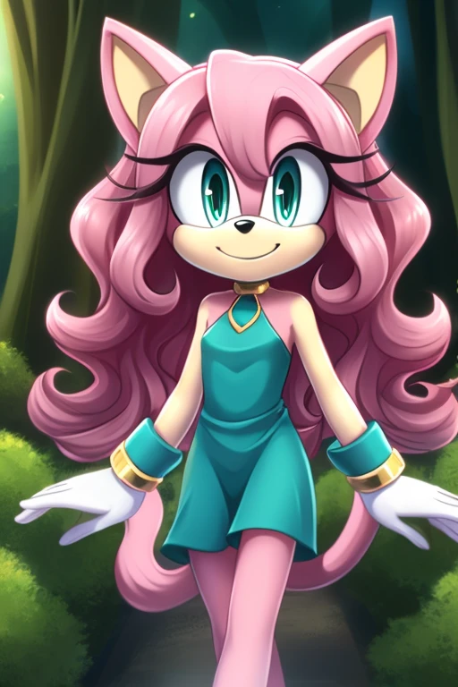 female, mobian, cat, light pink fur, teal eyes, blue cuffs, (very long wavy quills/hair), ((solo)), ((1girl)), smile