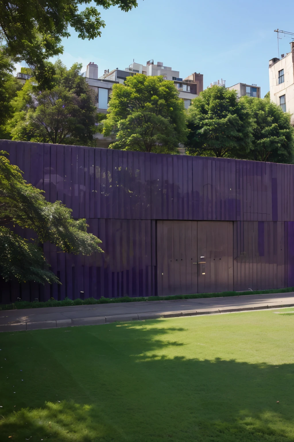 City, green, tree-lined, large walls around the city, modern, shades of purple